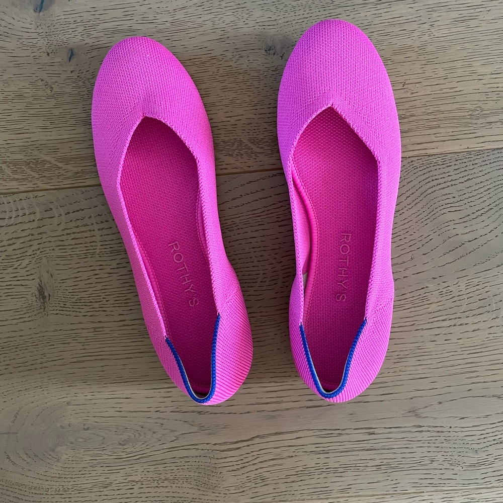 Rothy's Vibrant Pink Flats with Blue Accents